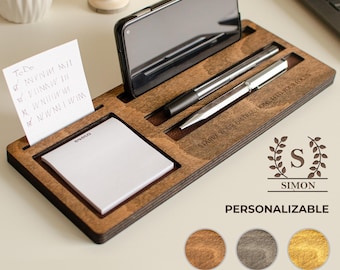 Personalized Wood Docking Phone Stand, Desk Organizer Gift for Him, Accessories Tray for Notes Pen Pencil, Man Iphone Charging Station