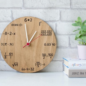 Math Wall Clock with Engraved Formulas – Unique Wooden Clock for Math Lovers, Teachers, Students – Geeky Home or Office Decor