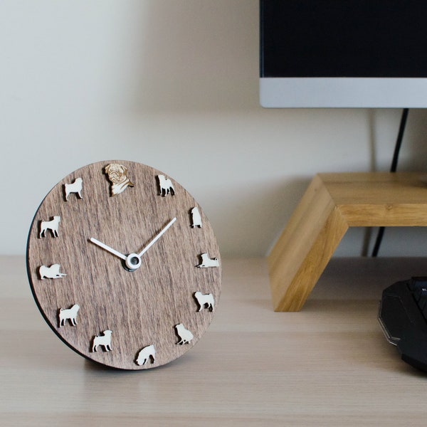 Desk clock with Pugs,  Pug Dog clock Pet lovers gift Table wood clock