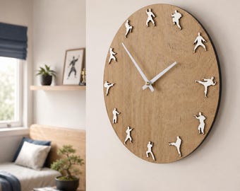 Karate Taekwondo Silent Wall Clock Gift for Martial Arts Fans Wooden Decor