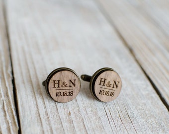 Personalized wood cufflinks with Initials Wedding for men, handmade jewelry gift