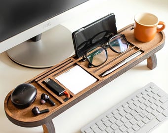 Personalized Wood Office Desk Organizer, Charging Ipad IPhone Docking Station, Cell Phone Stand, Glasses Pen Wooden Holder, Accessories Tray