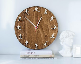 Wooden Skier Clock, Lodge and Cabin Wall Decor, Skiing Gift for Him