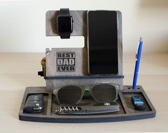 Wooden Desk organizer Men gift Dock station with engraving Best Dad Ever, Tech organizer for father long base