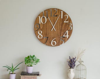 Carved wood Clock with 3D numbers, Wooden Wall art clock