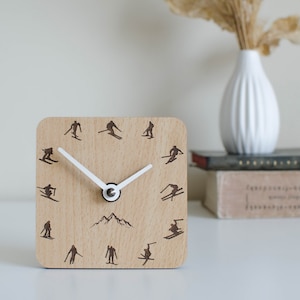 Desk clock with skiers, wood ski table clock