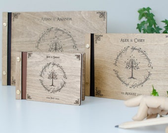 Libro degli ospiti per matrimoni con decorazione ad albero e anello, colore scuro, disponibile in tre formati, album in legno, regalo per gli sposi