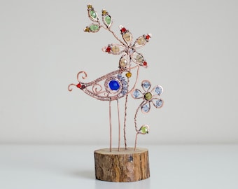 Bird and Flower crystal suncatcher,  Wire Art Sculpture One of a kind Home Decor