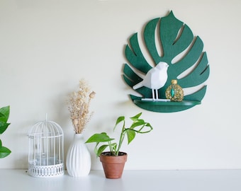 Green Monstera Leaf shelf Wood Floating mini Shelf