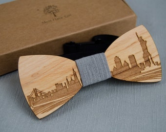 New York Wood Bowtie Men Fashion City skyline Modern Accessories for men Hipster style Gift for stylish men Groomsmen wedding gift