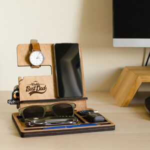 Tech organizer with Best Dad engraving Father&#39;s day gift , Desk Phone stand, Wood organizer for table
