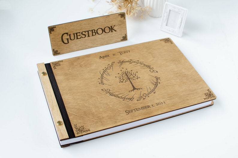 Lord of Rings A4 Dark color Wedding guest book Wood Wedding Album gift for couple Photo Book to Anniversary image 9