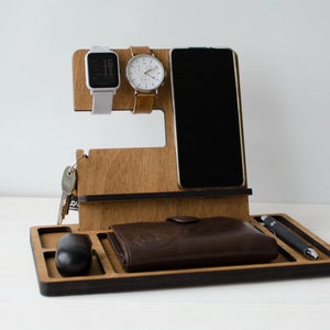 Personalized desk organizer Phone stand, Wood organizer for table Father&#39;s day gift