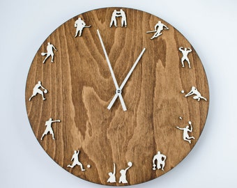Multisport Wood clock, Wall clock  with different sports, decor to sports clubs, sports cafes, cardio clinics