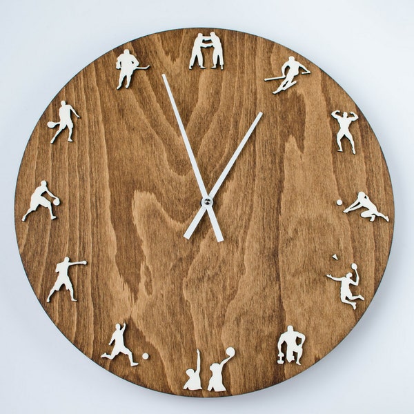 Multisport Wood clock, Wall clock  with different sports, decor to sports clubs, sports cafes, cardio clinics