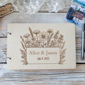 Wood Book with Wildflowers for Wedding Anniversary,  rustic style floral album