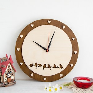 3D Wood Wall Clock with Birds and Hearts, Eco-Friendly Decor