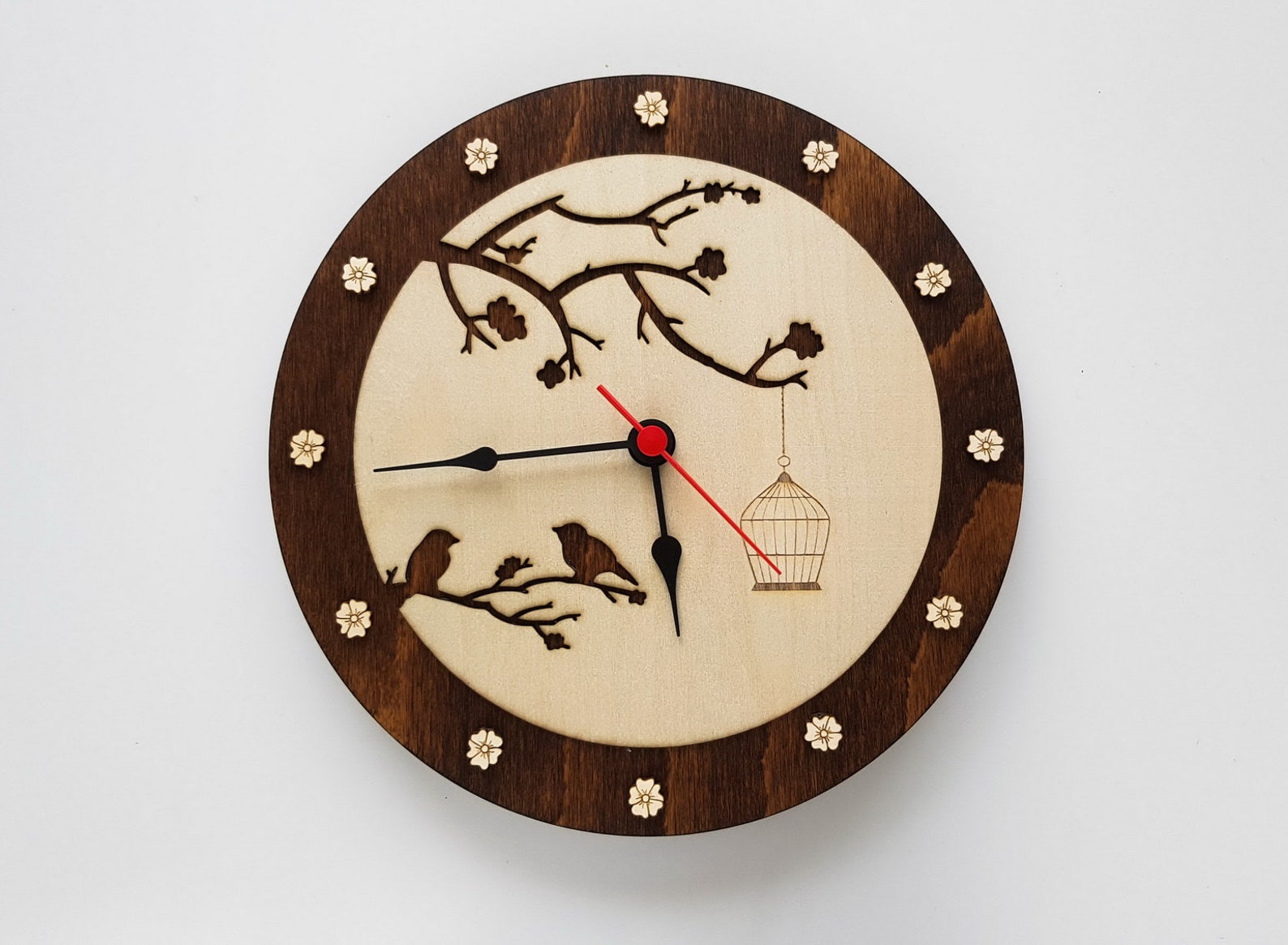 Wall Clock With Birds and Cage on Tree in Cottage Style Etsy