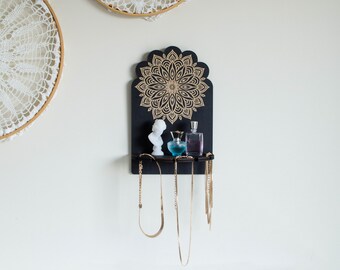 Wall jewelry organizer, Black Mandala mini wood shelf, storage for necklace, Mandala Zen home decor