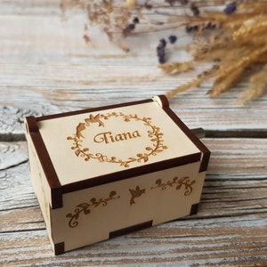 Wood Music Box flying bird flower decor Personalized named women eco friendly gift Floral birdy wreath ornament