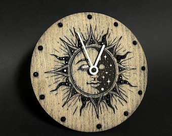 Crystal Wood Desk Clock with Sun Moon Face, Celestial Gift for Her, Esoteric Decor