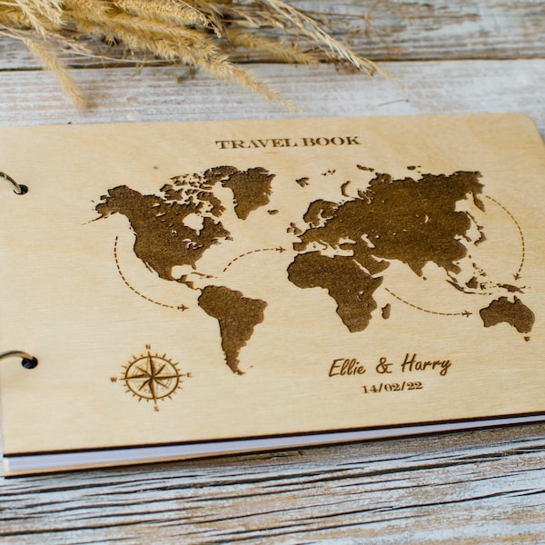 Personalized Travel book | Wanderlust gift | 5th Anniversary Gift | Wooden Travel Book for Couple | Destination Memory book | Travel Memory