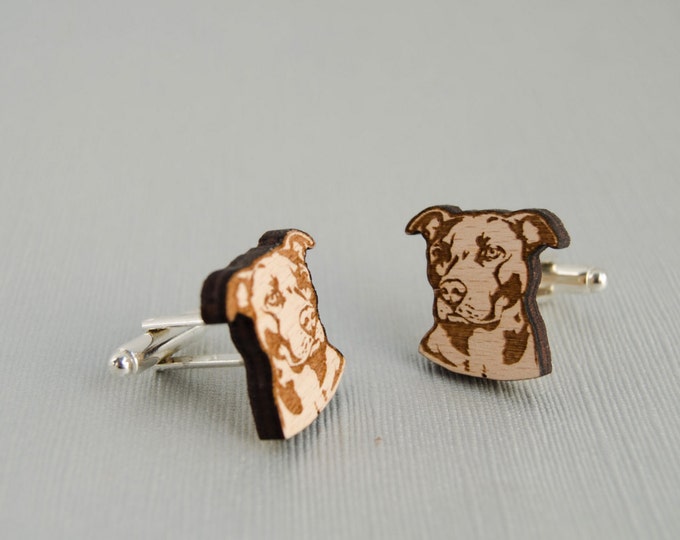 Pitbull Portrait Cuff links, Wood Cufflinks with dog, wooden jewelry men accessories, unique gift for pet lovers
