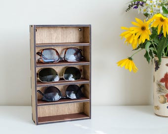 Wooden Sunglasses Display Shelf: Wall Mounted Eyewear Organizer