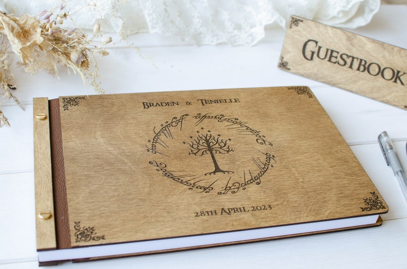 Lord of Rings A4 Dark color Wedding guest book Wood Wedding Album gift for couple Photo Book to Anniversary image 6