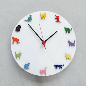 Puede incluir: Un reloj blanco con un segundero rojo y agujas de hora y minuto negras. La esfera del reloj está rodeada de 12 siluetas de gatos de colores.