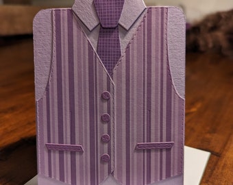 Purple shirt, tie and vest card