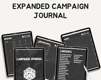 May include: A set of black and white digital printable pages for a Dungeons and Dragons campaign journal. The pages include sections for initiative, campaign notes, contents, and notes. The pages feature a 20-sided die graphic.