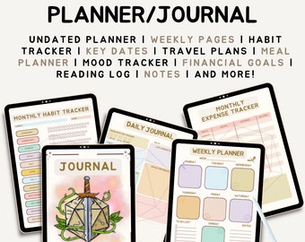 May include: A digital planner and journal with a Dungeons and Dragons theme. The cover features a 20-sided die with a sword and vines. The planner includes pages for weekly planning, habit tracking, mood tracking, expense tracking, and more.