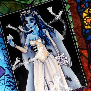 May include: A painting of a woman in a white wedding dress with blue hair and a crown of flowers. She is surrounded by white butterflies and sparkles. The background is black.