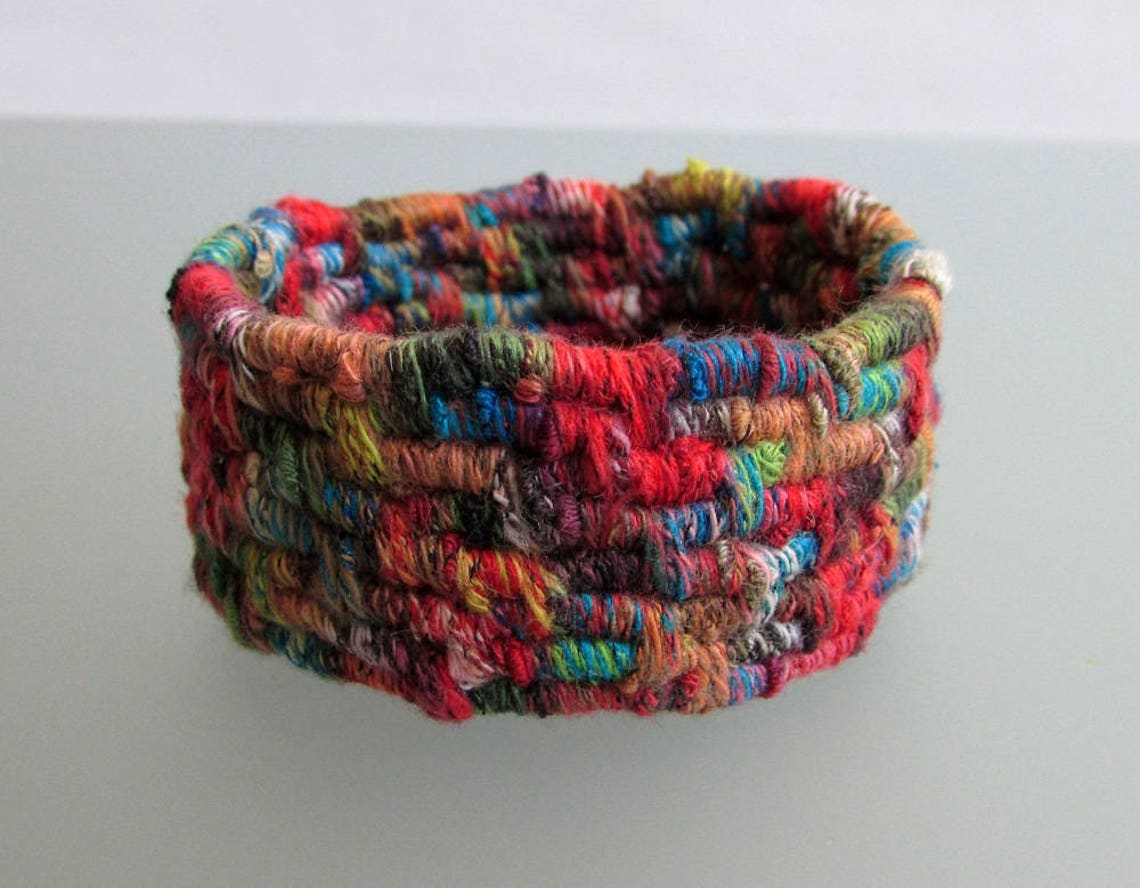 Small Polychromatic Tapestry Cylinder Coiled Jute Fiber Basket One-of-a ...