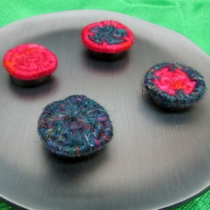 Unique Coiled Jute Fiber Refrigerator Magnets, Set of 4 (Bright Pink & Denim Yarn)