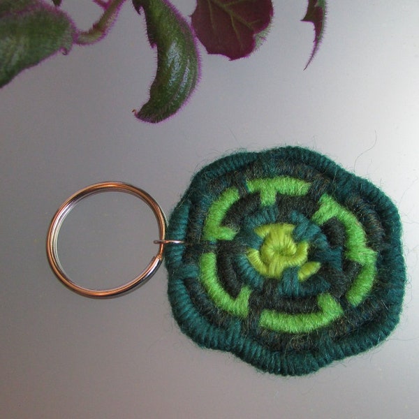 Shades of Green Coiled Jute Fiber Keychain - One-Of-A-Kind, Made w/ Multi-Tone Rings of Lime, Forest, Neon, & Emerald Green Yarns!