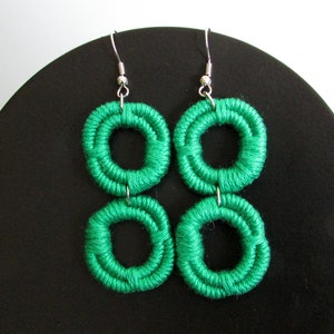 Emerald Green Dangle Circles Coiled Jute Fiber Earrings - Original Design, Made with Wool-Free Yarn!