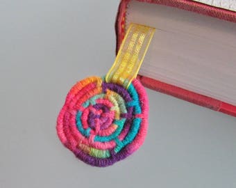 LARGE Multicolor Pastel Coiled Jute Fiber & Ribbon Bookmark (For Most Textbooks) - Pink, Turquoise, Yellow, Purple