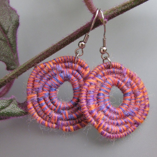 Colorful Big Top Tent Coiled Jute Fiber Hoop-Disc Earrings - Made with Tiger Stripe Yarn!