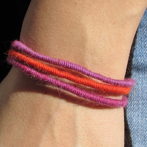 Fiery Thistle, Lavender & Orange Multi-Strand Fiber-Wrapped Jute Corded Bracelet - Adjustable/One-Of-A-Kind!