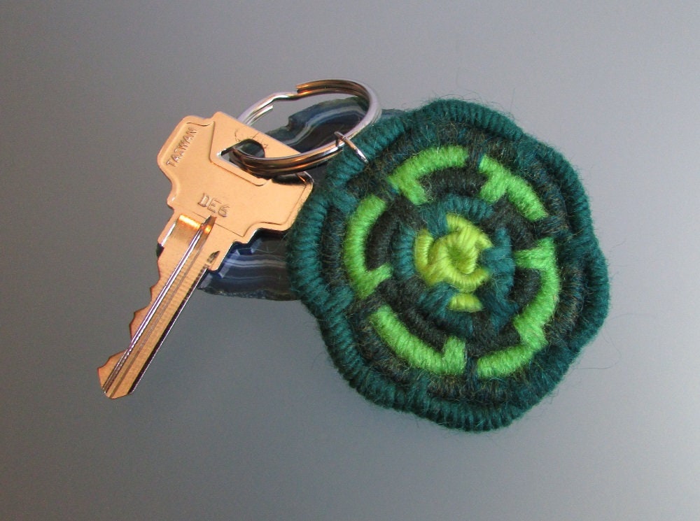 Shades of Green Coiled Jute Fiber Keychain - One-of-a-kind, Made W ...