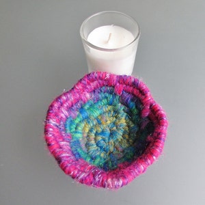 Sparkly Glitter Flower Coiled Jute Fiber Candle Bowl - Pink, Purple, Green, Blue (Votive Candle Included) - One-Of-A-Kind!