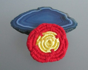 Bright Red with Shiny Yellow Center Fiber Pin/Brooch - Made with Colorful Yarn and Coiled Jute Technique!