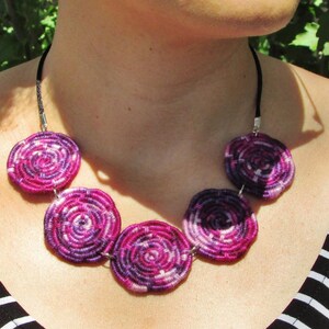 Unique 5-Disc Magenta-Plum-Purple Swirl Coiled Jute Fiber Bib Necklace - One of a Kind!