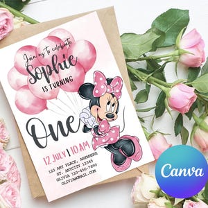Faire-part d'anniversaire Minnie Mouse modifiable, ballons roses, invitation à une première fête d'anniversaire de fille, modèle de toile à téléchargement immédiat, imprimable