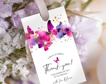 Editable Butterfly Favor Tags, Pink Purple Watercolor, Canva Template (Digital Download)