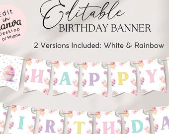 Banner de aniversário com donuts editável, decoração de festa com doces em tons pastel (download digital)