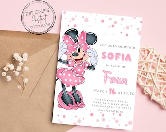 Minnie Maus 4. Geburtstagseinladung: Bearbeitbare Vorlage (Digitaler Download)