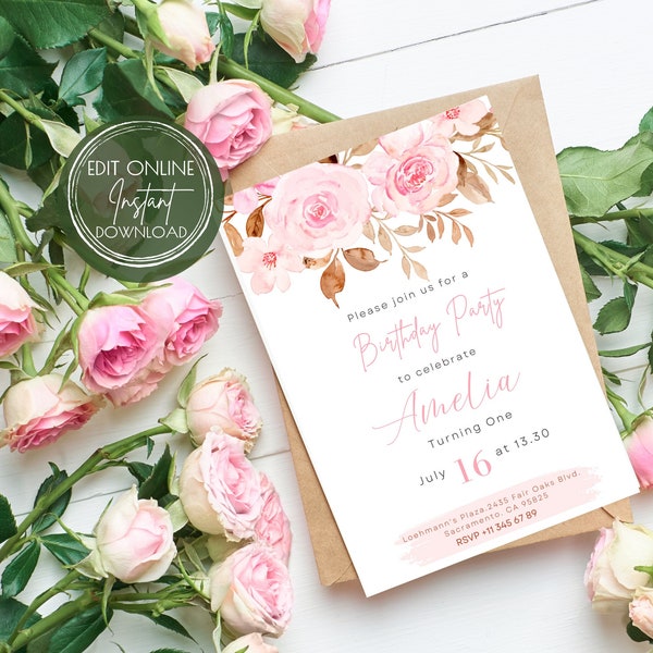 Floral birthday invitation, Editable Blush Flowers invitation template, Printable birthday invitation, INSTANT DOWNLOAD, Pink Flowers